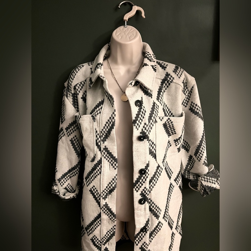 Maurices Oversized Cream and Black Geo Pea Coat